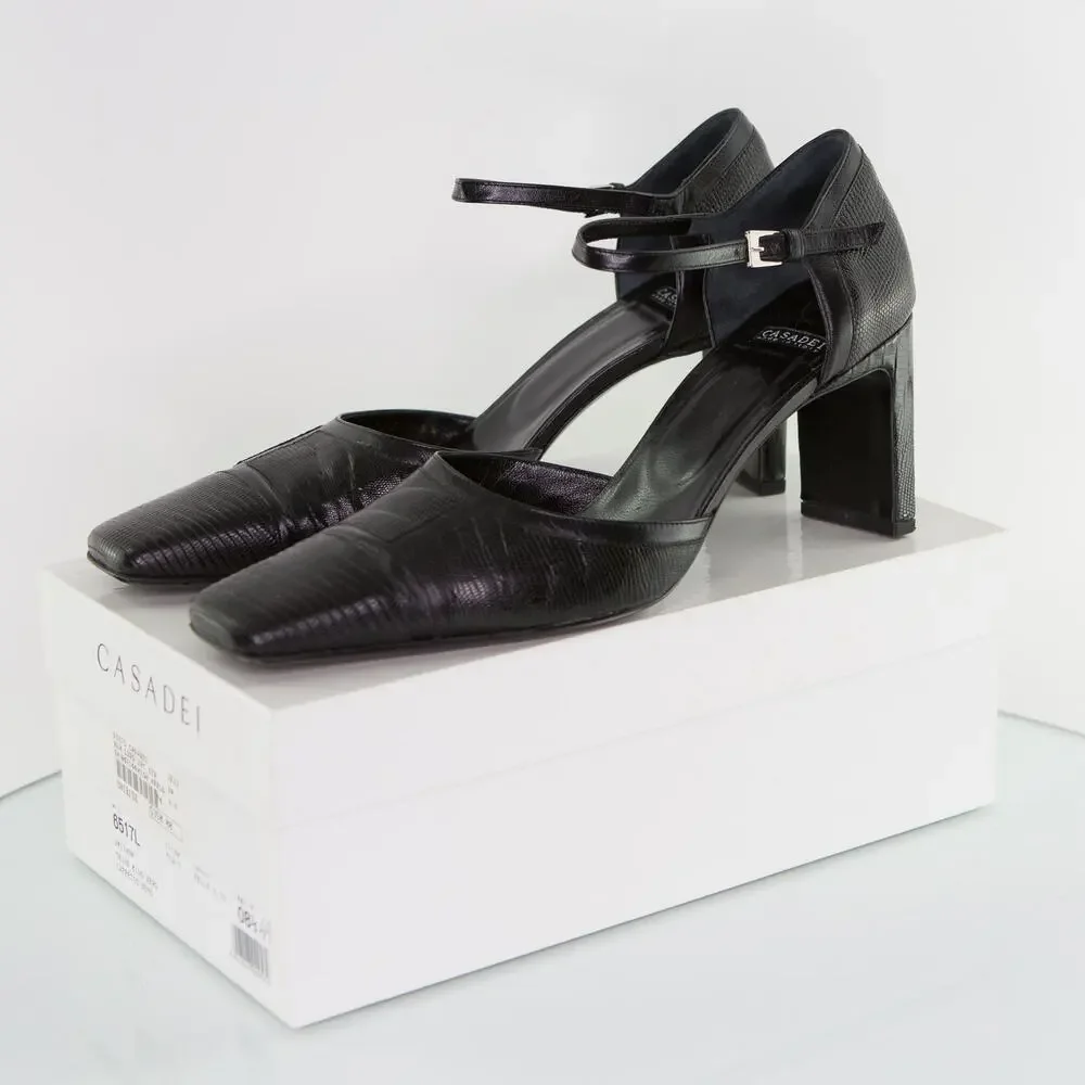 CASADEI $350 Black Lizard Heels Ankle Strap D'Orsay Women's Size 8.5 AA Narrow